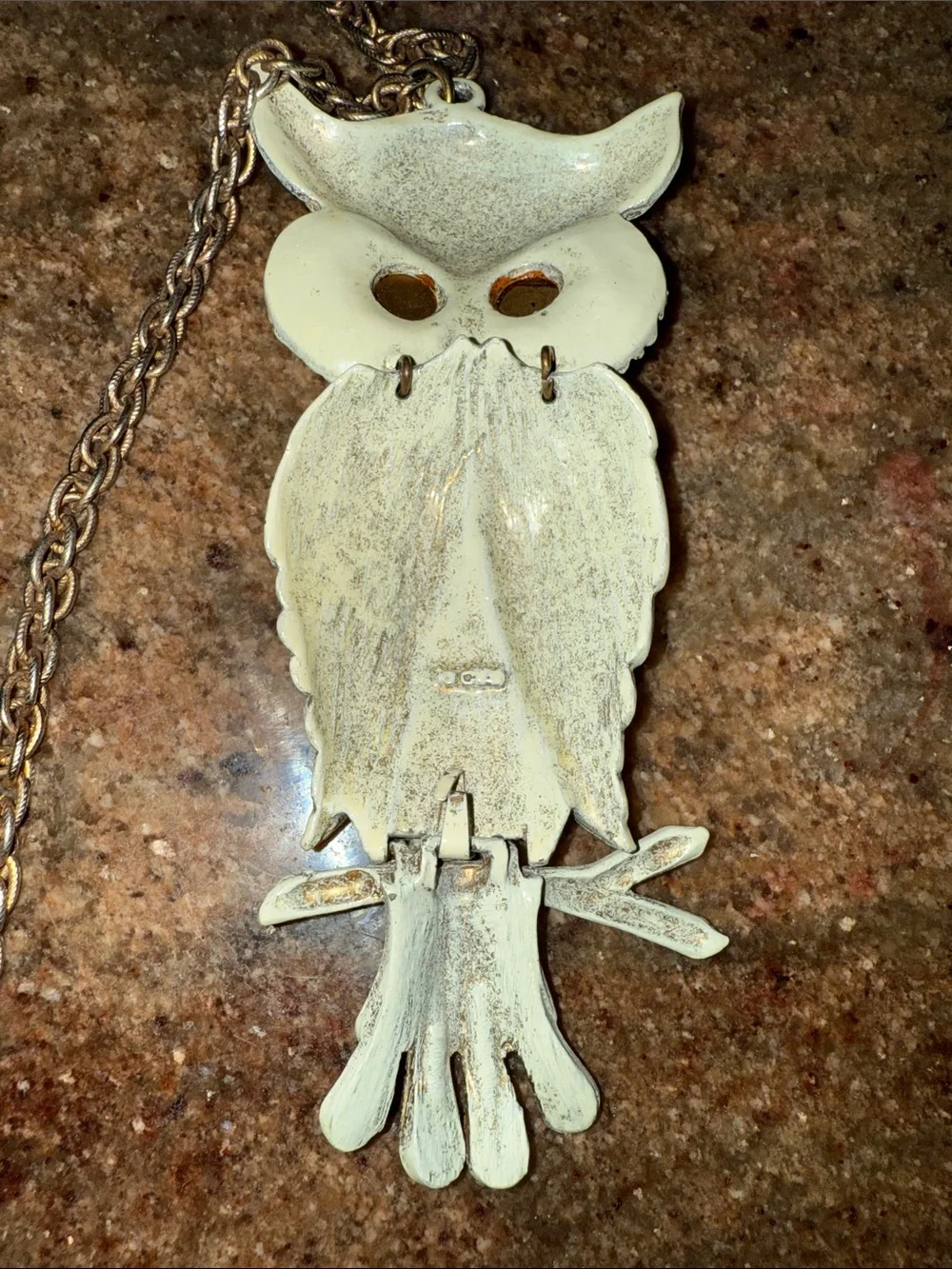 Articulated~60’s-70’s enamel Gold-Tone Owl Pendant Necklace with Blue glass Eyes